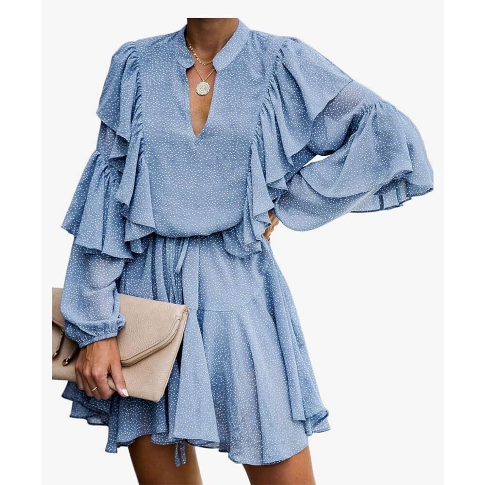 NEW V Neck High Waist Ruffle Loose Flowy Mini Dress L NO BELT